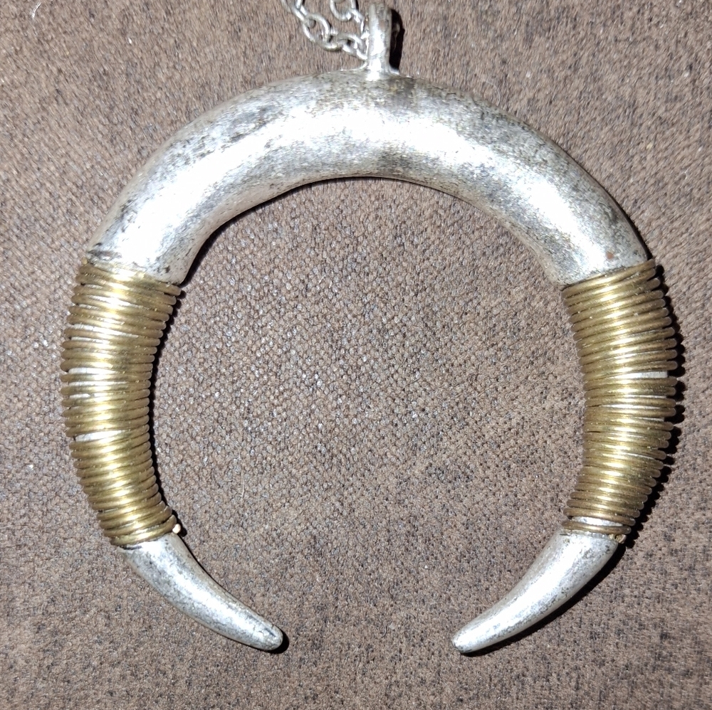 Mixed Metal Double Horn Crescent Silvertone Statement Pendant Necklace - Picture 7 of 7